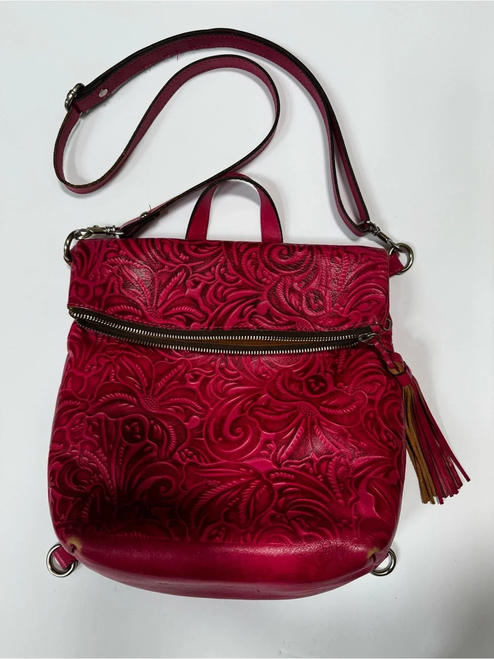 Patricia Nash Pink Black Luzille Tooled Emboss Leather Bag Convertible Backpack